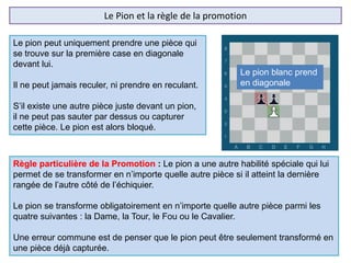 Le Pion et la règle de la promotion
Le pion peut uniquement prendre une pièce qui
se trouve sur la première case en diagonale
devant lui.
Il ne peut jamais reculer, ni prendre en reculant.
S’il existe une autre pièce juste devant un pion,
il ne peut pas sauter par dessus ou capturer
cette pièce. Le pion est alors bloqué.
Règle particulière de la Promotion : Le pion a une autre habilité spéciale qui lui
permet de se transformer en n’importe quelle autre pièce si il atteint la dernière
rangée de l’autre côté de l’échiquier.
Le pion se transforme obligatoirement en n’importe quelle autre pièce parmi les
quatre suivantes : la Dame, la Tour, le Fou ou le Cavalier.
Une erreur commune est de penser que le pion peut être seulement transformé en
une pièce déjà capturée.
Le pion blanc prend
en diagonale
 
