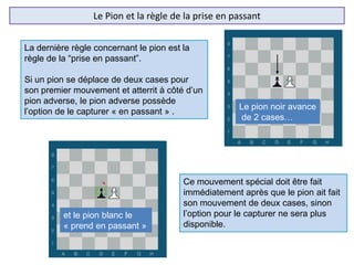 Le Pion et la règle de la prise en passant
La dernière règle concernant le pion est la
règle de la “prise en passant”.
Si un pion se déplace de deux cases pour
son premier mouvement et atterrit à côté d’un
pion adverse, le pion adverse possède
l’option de le capturer « en passant » .
Ce mouvement spécial doit être fait
immédiatement après que le pion ait fait
son mouvement de deux cases, sinon
l’option pour le capturer ne sera plus
disponible.
et le pion blanc le
« prend en passant »
Le pion noir avance
de 2 cases…
 