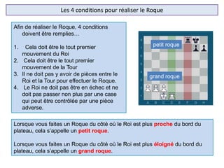 Les 4 conditions pour réaliser le Roque
Afin de réaliser le Roque, 4 conditions
doivent être remplies…
1. Cela doit être le tout premier
mouvement du Roi
2. Cela doit être le tout premier
mouvement de la Tour
3. Il ne doit pas y avoir de pièces entre le
Roi et la Tour pour effectuer le Roque.
4. Le Roi ne doit pas être en échec et ne
doit pas passer non plus par une case
qui peut être contrôlée par une pièce
adverse.
Lorsque vous faites un Roque du côté où le Roi est plus proche du bord du
plateau, cela s’appelle un petit roque.
Lorsque vous faites un Roque du côté où le Roi est plus éloigné du bord du
plateau, cela s’appelle un grand roque.
petit roque
grand roque
petit roque
grand roque
 