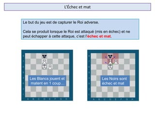 L’Échec et mat
Le but du jeu est de capturer le Roi adverse.
Cela se produit lorsque le Roi est attaqué (mis en échec) et ne
peut échapper à cette attaque, c’est l’échec et mat.
Les Blancs jouent et
matent en 1 coup…
Les Noirs sont
échec et mat
 