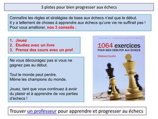 3 pistes pour bien progresser aux échecs
Connaître les règles et stratégies de base aux échecs n’est que le début.
Il y a tellement de choses à apprendre aux échecs qu’une vie ne suffirait pas !
Pour vous améliorer, nos 3 conseils :
1. Jouez
2. Étudiez avec un livre
3. Prenez des cours avec un prof
Ne vous découragez pas si vous ne
gagnez pas au début.
Tout le monde peut perdre.
Même les champions du monde.
Jouez, tant que vous continuez à avoir
du plaisir et à apprendre de vos parties
d’échecs !
Trouver un professeur pour apprendre et progresser au échecs
 