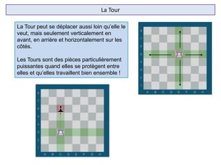 La Tour
La Tour peut se déplacer aussi loin qu’elle le
veut, mais seulement verticalement en
avant, en arrière et horizontalement sur les
côtés.
Les Tours sont des pièces particulièrement
puissantes quand elles se protègent entre
elles et qu’elles travaillent bien ensemble !
 
