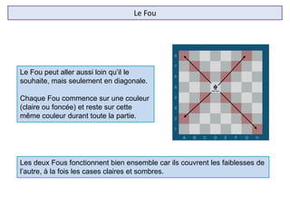 Le Fou
Le Fou peut aller aussi loin qu’il le
souhaite, mais seulement en diagonale.
Chaque Fou commence sur une couleur
(claire ou foncée) et reste sur cette
même couleur durant toute la partie.
Les deux Fous fonctionnent bien ensemble car ils couvrent les faiblesses de
l’autre, à la fois les cases claires et sombres.
 
