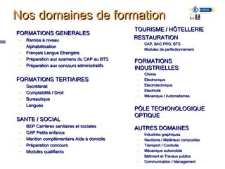 Nos domaines de formation
                                               TOURISME / HÔTELLERIE
FORMATIONS GENERALES
 –   Remise à niveau                           RESTAURATION
                                                –   CAP, BAC PRO, BTS
 –   Alphabétisation
                                                –   Modules de perfectionnement
 –   Français Langue Etrangère
 –   Préparation aux examens du CAP au BTS
                                               FORMATIONS
 –   Préparation aux concours administratifs
                                               INDUSTRIELLES
                                                –   Chimie
FORMATIONS TERTIAIRES                           –   Electronique
 –   Secrétariat                                –   Electrotechnique
                                                –   Electricité
 –   Comptabilité / Droit
                                                –   Mécanique / Automatismes
 –   Bureautique
 –   Langues
                                               PÔLE TECHONOLOGIQUE
                                               OPTIQUE
SANTE / SOCIAL
 –   BEP Carrières sanitaires et sociales
                                               AUTRES DOMAINES
 –   CAP Petite enfance                         –   Industries graphiques
 –   Mention complémentaire Aide à domicile     –   Nautisme / Matériaux composites
 –   Préparation concours                       –   Transport / Conduite
 –   Modules qualifiants                        –   Mécanique automobile
                                                –   Bâtiment et Travaux publics
                                                –   Communication / Management
 