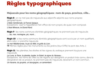 Majuscule pour les noms géographiques : nom de pays, province, ville…
Règle 8 : on ne met pas de majuscule aux adjectifs adjoints aux noms propres
géographiques.
L’Italie méridionale, la France basque.
Exceptions : sauf si l’appellation fait ofﬁce de nom propre, de quasi nom composé.
L’Asie Mineure, le Grand Nord.
Règle 9 : les noms communs d’entités géographiques ne prennent pas de majuscule.
… lac, mer, montagne, pic, mont…
Règle 10 : si les noms communs d’entités géographiques sont suivis par un nom qualiﬁant,
alors celui-ci prend la majuscule.
La mer Méditerranée, le pic du Midi, le golfe du Lion.
➜ Mêmes règles pour les monuments ou les jardins (tour Eiffel, le pont des Arts…).
Règle 11 : les planètes, les étoiles et les signes du zodiaque prennent toujours une
majuscule.
La Lune, la Terre, la planète Jupiter, le Soleil, le signe du Verseau…
Exceptions : les noms de villes ou de régions qui désignent un produit très connu, dans la
désignation de ce produit, ne prennent pas de majuscule, devenant un nom commun..
Un havane, du gruyère, un bourgogne, un camembert.
Règles typographiques
 