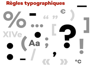 Règles typographiques
?:
)
…%
« »
“ ”
/
; !(
[ ].
,
-
—
–
Aa
°C
XIVe
€
 