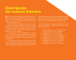 Descripción
del material didáctico
Hoy en día los conceptos de educación han cambiado con
el fin de beneficiar la enseñanza-aprendizaje. Ésta ya no
debe ser una simple transmisión de conocimientos del profe-
sor hacia los alumnos sino la construcción de conocimientos,
habilidades, actitudes, etcétera.
Las regletas tienen el propósito de que los alumnos,
al manipularlas, hagan actividades con las que construyan
conceptos matemáticos a partir de sus propias experien-
cias y así desarrollen la capacidad de utilizar las matemáti-
cas como instrumento para reconocer, plantear y resolver
problemas en la vida cotidiana.
Las regletas son un material didáctico con el que los
alumnos de todos los niveles de educación básica aprende-
rán la composición y descomposición de los números; ade-
más realizarán las actividades de cálculo de manera lúdica y
manipulativa.
Las regletas no tienen ningún tipo de marca, ya que
uno de sus objetivos es llevar a cabo actividades en las
cuales el estudiante, omitiendo el uso de la vista, sensibili-
ce otras habilidades, que le permitan percibir y diferenciar
el tamaño, además de estimular la capacidad de memoria
para relacionar tamaño-valor-color. Se pueden realizar ac-
tividades de cálculo mental o separar objetos en coleccio-
nes en función de su tamaño, valor numérico o color.
El kit está integrado por un conjunto de regletas de 10 tama-
ños y colores diferentes. La longitud de las mismas va de uno
hasta diez centímetros.
• 10 regletas de 10 cm x 1 cm x 1 cm anaranjadas
• 11 regletas de 9 cm x 1 cm x 1 cm azules
• 12 regletas de 8 cm x 1 cm x 1 cm cafés
• 14 regletas de 7 cm x 1 cm x 1 cm negras
• 16 regletas de 6 cm x 1 cm x 1 cm verde oscuro
• 20 regletas de 5 cm x 1 cm x 1 cm amarillas
• 25 regletas de 4 cm x 1 cm x 1 cm moradas
• 33 regletas de 3 cm x 1 cm x 1cm verde claro
• 50 regletas de 2 cm x 1 cm x 1 cm rojas
• 100 regletas de 1 cm x 1 cm x 1 cm blancas
O
b
r
a
p
r
o
t
e
g
i
d
a
p
o
r
s
e
p
-
i
n
d
a
u
t
o
r
R
e
g
i
s
t
r
o
P
ú
b
l
i
c
o
0
3
-
2
0
1
2
-
0
3
0
6
1
1
0
9
1
6
0
0
-
0
1
0
3
-
2
0
1
2
-
0
3
0
6
1
1
0
6
5
9
0
0
-
0
1
L
a
P
i
r
a
t
e
r
í
a
e
s
u
n
d
e
l
i
t
o
"
 