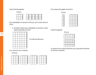 104
Actividad
10-¿Cuántos
son?
Pasé ⅜ del día jugando:
Esas actividades me llevaron 19 horas, por lo tanto dormí 5
horas.
3. Si hubiera hecho esas actividades en dos días, ¿cómo
habría repartido las horas?
En 2 días hay 48 horas.
Si un estuve ¼ con mi abuela:
9 horas
Si la compra del regalo me tomó ⅙:
Si pasé ⅜ jugando:
Lo anterior da un total de 38 horas, por lo que dormí durante
las 10 horas restantes.
12 horas
8 horas
18 horas
O
b
r
a
p
r
o
t
e
g
i
d
a
p
o
r
s
e
p
-
i
n
d
a
u
t
o
r
R
e
g
i
s
t
r
o
P
ú
b
l
i
c
o
0
3
-
2
0
1
2
-
0
3
0
6
1
1
0
9
1
6
0
0
-
0
1
0
3
-
2
0
1
2
-
0
3
0
6
1
1
0
6
5
9
0
0
-
0
1
L
a
P
i
r
a
t
e
r
í
a
e
s
u
n
d
e
l
i
t
o
"
 