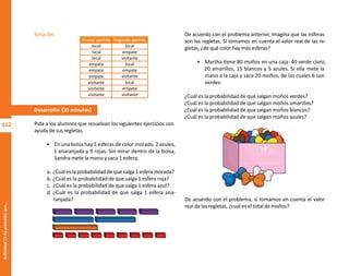 112
Actividad
11-Es
probable
que...
Solución:
Desarrollo: (35 minutos)
Pida a los alumnos que resuelvan los siguientes ejercicios con
ayuda de sus regletas.
• En una bolsa hay 5 esferas de color morado, 2 azules,
1 anaranjada y 9 rojas. Sin mirar dentro de la bolsa,
Sandra mete la mano y saca 1 esfera.
a. ¿Cuál es la probabilidad de que salga 1 esfera morada?
b. ¿Cuál es la probabilidad de que salga 1 esfera roja?
c. ¿Cuál es la probabilidad de que salga 1 esfera azul?
d. ¿Cuál es la probabilidad de que salga 1 esfera ana-
ranjada?
De acuerdo con el problema anterior, imagina que las esferas
son las regletas. Si tomamos en cuenta el valor real de las re-
gletas, ¿de qué color hay más esferas?
• Martha tiene 80 moños en una caja: 40 verde claro,
20 amarillos, 15 blancos y 5 azules. Si ella mete la
mano a la caja y saca 20 moños, de los cuales 6 son
verdes:
¿Cuál es la probabilidad de que salgan moños verdes?
¿Cuál es la probabilidad de que salgan moños amarillos?
¿Cuál es la probabilidad de que salgan moños blancos?
¿Cuál es la probabilidad de que salgan moños azules?
De acuerdo con el problema, si tomamos en cuenta el valor
real de las regletas, ¿cuál es el total de moños?
Segundo partido
Primer partido
local
local
local
empate
empate
empate
visitante
visitante
visitante
local
empate
visitante
local
empate
visitante
local
empate
visitante
O
b
r
a
p
r
o
t
e
g
i
d
a
p
o
r
s
e
p
-
i
n
d
a
u
t
o
r
R
e
g
i
s
t
r
o
P
ú
b
l
i
c
o
0
3
-
2
0
1
2
-
0
3
0
6
1
1
0
9
1
6
0
0
-
0
1
0
3
-
2
0
1
2
-
0
3
0
6
1
1
0
6
5
9
0
0
-
0
1
L
a
P
i
r
a
t
e
r
í
a
e
s
u
n
d
e
l
i
t
o
"
 