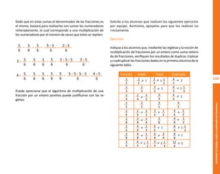 119
Actividad
12-Doble,
triple
y
cuádruple
de
fracciones
Dado que en estas sumas el denominador de las fracciones es
el mismo, bastará para realizarlas con sumar los numeradores
reiteradamente, lo cual corresponde a una multiplicación de
los numeradores por el número de veces que éstos se repiten:
Puede apreciarse que el algoritmo de multiplicación de una
fracción por un entero positivo puede justificarse con las re-
gletas.
5
6
5
6
5
6
5 + 5
6
2 x 5
6
= = =
+
5
6
5
6
5
6
5 + 5 + 5
6
3 x 5
6
= =
+
3 x 5
6
=
+
5
6
5
6
5
6
5 + 5 + 5 + 5
6
4 x 5
6
= =
+
4 x 5
6
5
6
=
+ +
Solicite a los alumnos que realicen los siguientes ejercicios
por equipo. Asimismo, apoyelos para que los realicen co-
rrectamente.
Ejercicios
Indique a los alumnos que, mediante las regletas y la noción de
multiplicación de fracciones por un entero como suma reitera-
da de fracciones, verifiquen los resultados de duplicar, triplicar
y cuadruplicar las fracciones dadas en la primera columna de la
siguiente tabla.
Doble Triple Cuádruple
Fracción
1
2
1
3
1
4
1
5
1
6
1
8
2
6
2
8
3
4
2
2
o 1
3
3
o 1
6
6
o 1
2
3
2
4
1
2
2
5
3
5
4
5
3
8
3
4
2
6
1
3
1
4
2
3
2
8
4
6
4
8
6
4
o
o 3
6
1
2
o 4
6
2
3
o
o
o
1
2
1
2
1
o 6
8
3
4
o
o 9
4
1
4
2
o
4
8
1
2
o
2
3
1
2
1
1
3
1
o 4
2
2
o
4
4
1
o
4
3
o
1
3
1
8
6
o
1
8
8
o
3
12
4
o
O
b
r
a
p
r
o
t
e
g
i
d
a
p
o
r
s
e
p
-
i
n
d
a
u
t
o
r
R
e
g
i
s
t
r
o
P
ú
b
l
i
c
o
0
3
-
2
0
1
2
-
0
3
0
6
1
1
0
9
1
6
0
0
-
0
1
0
3
-
2
0
1
2
-
0
3
0
6
1
1
0
6
5
9
0
0
-
0
1
L
a
P
i
r
a
t
e
r
í
a
e
s
u
n
d
e
l
i
t
o
"
 