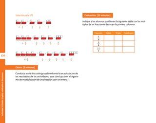 120
Actividad
12-Doble,
triple
y
cuádruple
de
fracciones
Solución para 1/2
Cierre: (5 minutos)
Conduzca a una discusión grupal mediante la recapitulación de
los resultados de las actividades, que concluya con el algorit-
mo de multiplicación de una fracción por un entero.
=
=
= =
=
=
+
= =
+
+
+ + +
+
+
2 x
1
2
1
2
1
2
2
2
= =
+
3 x
1
2
1
2
1
2
1
2
3
2
+
= =
+
4 x
1
2
1
2
1
2
1
2
+
1
2
4
2
Evaluación: (10 minutos)
Indique a los alumnos que llenen la siguiente tabla con los múl-
tiplos de las fracciones dadas en la primera columna:
Doble Triple Cuádruple
Fracción
7
9
5
8
11
7
O
b
r
a
p
r
o
t
e
g
i
d
a
p
o
r
s
e
p
-
i
n
d
a
u
t
o
r
R
e
g
i
s
t
r
o
P
ú
b
l
i
c
o
0
3
-
2
0
1
2
-
0
3
0
6
1
1
0
9
1
6
0
0
-
0
1
0
3
-
2
0
1
2
-
0
3
0
6
1
1
0
6
5
9
0
0
-
0
1
L
a
P
i
r
a
t
e
r
í
a
e
s
u
n
d
e
l
i
t
o
"
 