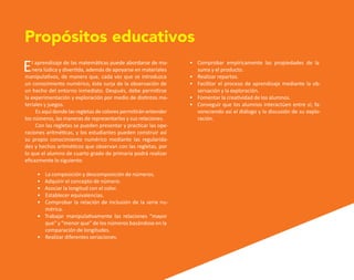 El aprendizaje de las matemáticas puede abordarse de ma-
nera lúdica y divertida, además de apoyarse en materiales
manipulativos, de manera que, cada vez que se introduzca
un conocimiento numérico, éste surja de la observación de
un hecho del entorno inmediato. Después, debe permitirse
la experimentación y exploración por medio de distintos ma-
teriales y juegos.
Es aquí donde las regletas de colores permitirán entender
los números, las maneras de representarlos y sus relaciones.
Con las regletas se pueden presentar y practicar las ope-
raciones aritméticas, y los estudiantes pueden construir así
su propio conocimiento numérico mediante las regularida-
des y hechos aritméticos que observan con las regletas, por
lo que el alumno de cuarto grado de primaria podrá realizar
eficazmente lo siguiente:
• La composición y descomposición de números.
• Adquirir el concepto de número.
• Asociar la longitud con el color.
• Establecer equivalencias.
• Comprobar la relación de inclusión de la serie nu-
mérica.
• Trabajar manipulativamente las relaciones “mayor
que” y “menor que” de los números basándose en la
comparación de longitudes.
• Realizar diferentes seriaciones.
Propósitos educativos
• Comprobar empíricamente las propiedades de la
suma y el producto.
• Realizar repartos.
• Facilitar el proceso de aprendizaje mediante la ob-
servación y la exploración.
• Fomentar la creatividad de los alumnos.
• Conseguir que los alumnos interactúen entre sí; fa-
voreciendo así el diálogo y la discusión de su explo-
ración.
O
b
r
a
p
r
o
t
e
g
i
d
a
p
o
r
s
e
p
-
i
n
d
a
u
t
o
r
R
e
g
i
s
t
r
o
P
ú
b
l
i
c
o
0
3
-
2
0
1
2
-
0
3
0
6
1
1
0
9
1
6
0
0
-
0
1
0
3
-
2
0
1
2
-
0
3
0
6
1
1
0
6
5
9
0
0
-
0
1
L
a
P
i
r
a
t
e
r
í
a
e
s
u
n
d
e
l
i
t
o
"
 