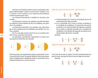 20
Contenidos
Algoritmo general de la suma de fracciones
a. El denominador de la suma es el producto de los de-
nominadores de cada sumando.
b. En el numerador de la suma, el primer sumando es
el resultado de multiplicar el numerador del primer
sumando con el denominador del segundo sumando.
Por su parte, el segundo sumando es el resultado de
multiplicar el numerador del segundo sumando con el
denominador del primer sumando.
Ejemplo:
Algoritmo general de la resta de fracciones
En el caso de la resta se utiliza el mismo procedimiento que
para la suma, sólo que al final se resta en lugar de sumarse.
Ejemplo:
Para leer una fracción primero se lee el numerador y des-
pués el denominador; si éste es 2 se lee como “medios”; si es
3, “tercios”; si es 4 “cuartos”; y si es mayor que 10 se añade al
número la terminación “avo”.
Los números fraccionarios se dividen en comunes y de-
cimales.
Las fracciones comunes son aquellas cuyo denominador
es cualquier número distinto de 10 y sus múltiplos, por ejem-
plo: ⅖, �⁄₉, etcétera.
Las fracciones decimales son aquellas cuyo denomina-
dor es 10 o cualquiera de sus múltiplos, por ejemplo: ⁴⁄₁₀, ⁷⁄₁₀₀,
¹²⁄₁₀₀₀, etcétera
Así, ⁴⁄₁₀ se puede escribir como 0.4; ⁷⁄₁₀₀ se escribe como
0.07 y ¹²⁄₁₀₀₀ se escribe como 0.012.
Las fracciones equivalentes representan lo mismo aun-
que parezcan diferentes, por ejemplo:
Estas fracciones son equivalentes porque representan la mis-
ma porción del círculo. Se pueden obtener fracciones equiva-
lentes multiplicando o dividiendo tanto el numerador como
el denominador por un mismo número.
a
b
c
d
ad + bc
bd
+ =
a
b
c
d
ad - bc
bd
- =
2
4
1
3
10
12
6 + 4
12
+ = =
2
4
1
3
2
12
6 - 4
12
- = =
1
2
2
4
4
8
O
b
r
a
p
r
o
t
e
g
i
d
a
p
o
r
s
e
p
-
i
n
d
a
u
t
o
r
R
e
g
i
s
t
r
o
P
ú
b
l
i
c
o
0
3
-
2
0
1
2
-
0
3
0
6
1
1
0
9
1
6
0
0
-
0
1
0
3
-
2
0
1
2
-
0
3
0
6
1
1
0
6
5
9
0
0
-
0
1
L
a
P
i
r
a
t
e
r
í
a
e
s
u
n
d
e
l
i
t
o
"
 