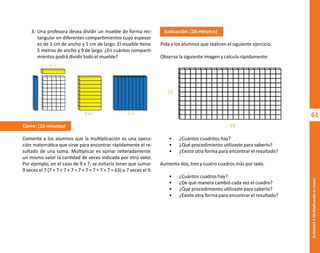 61
Actividad
4-Multiplicando
es
mejor
3. Una profesora desea dividir un mueble de forma rec-
tangular en diferentes compartimientos cuyo espesor
es de 1 cm de ancho y 1 cm de largo. El mueble tiene
5 metros de ancho y 9 de largo. ¿En cuántos comparti-
mientos podrá dividir todo el mueble?
Cierre: (10 minutos)
Comente a los alumnos que la multiplicación es una opera-
ción matemática que sirve para encontrar rápidamente el re-
sultado de una suma. Multiplicar es sumar reiteradamente
un mismo valor la cantidad de veces indicada por otro valor.
Por ejemplo, en el caso de 9 x 7, se evitaría tener que sumar
9 veces el 7 (7 + 7 + 7 + 7 + 7 + 7 + 7 + 7 + 7 = 63) o 7 veces el 9.
9 x 5
9 x 5
5 x 9
Evaluación: (10 minutos)
Pida a los alumnos que realicen el siguiente ejercicio.
Observa la siguiente imagen y calcula rápidamente:
• ¿Cuántos cuadritos hay?
• ¿Qué procedimiento utilizaste para saberlo?
• ¿Existe otra forma para encontrar el resultado?
Aumenta dos, tres y cuatro cuadros más por lado.
• ¿Cuántos cuadros hay?
• ¿De qué manera cambió cada vez el cuadro?
• ¿Qué procedimiento utilizaste para saberlo?
• ¿Existe otra forma para encontrar el resultado?
19
11
O
b
r
a
p
r
o
t
e
g
i
d
a
p
o
r
s
e
p
-
i
n
d
a
u
t
o
r
R
e
g
i
s
t
r
o
P
ú
b
l
i
c
o
0
3
-
2
0
1
2
-
0
3
0
6
1
1
0
9
1
6
0
0
-
0
1
0
3
-
2
0
1
2
-
0
3
0
6
1
1
0
6
5
9
0
0
-
0
1
L
a
P
i
r
a
t
e
r
í
a
e
s
u
n
d
e
l
i
t
o
"
 