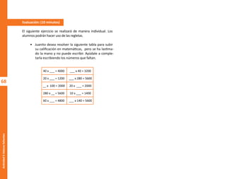 68
Actividad
5-Valores
faltantes
Evaluación: (10 minutos)
El siguiente ejercicio se realizará de manera individual. Los
alumnos podrán hacer uso de las regletas.
• Juanito desea resolver la siguiente tabla para subir
su calificación en matemáticas, pero se ha lastima-
do la mano y no puede escribir. Ayúdale a comple-
tarla escribiendo los números que faltan.
40 x ___ = 4000
20 x ___ = 1200
__ x 100 = 2000
280 x __ = 5600
60 x ___ = 4800
___ x 40 = 3200
___ x 280 = 5600
20 x ___ = 2000
10 x ___ = 1400
___ x 140 = 5600
O
b
r
a
p
r
o
t
e
g
i
d
a
p
o
r
s
e
p
-
i
n
d
a
u
t
o
r
R
e
g
i
s
t
r
o
P
ú
b
l
i
c
o
0
3
-
2
0
1
2
-
0
3
0
6
1
1
0
9
1
6
0
0
-
0
1
0
3
-
2
0
1
2
-
0
3
0
6
1
1
0
6
5
9
0
0
-
0
1
L
a
P
i
r
a
t
e
r
í
a
e
s
u
n
d
e
l
i
t
o
"
 