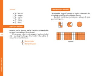 76
Actividad
6-¿Qué
parte
es?
Solución:
• ⁷⁄₄₅ = porcino
• ⁹⁄₄₅ = vacuno
• ⁶⁄₄₅ = equino
• ⁸⁄₄₅ = felino
• ⁹⁄₄₅ = canino
• ⁶⁄₄₅ = felino
Cierre: (10 minutos)
Comente con los alumnos que las fracciones constan de dos
partes, el numerador y el denominador.
El numerador indica en cuántas partes iguales se ha divi-
dido a la unidad, mientras que el numerador indica cuántas de
esas partes se están tomando.
3 Numerador
6 Denominador
Evaluación: (10 minutos)
Se realizará el siguiente ejercicio de manera individual y será
anexado al portafolio matemático del alumno.
Escribe la fracción que corresponde a cada una de las si-
guientes imágenes.
O
b
r
a
p
r
o
t
e
g
i
d
a
p
o
r
s
e
p
-
i
n
d
a
u
t
o
r
R
e
g
i
s
t
r
o
P
ú
b
l
i
c
o
0
3
-
2
0
1
2
-
0
3
0
6
1
1
0
9
1
6
0
0
-
0
1
0
3
-
2
0
1
2
-
0
3
0
6
1
1
0
6
5
9
0
0
-
0
1
L
a
P
i
r
a
t
e
r
í
a
e
s
u
n
d
e
l
i
t
o
"
 