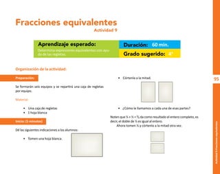 95
Actividad
9-Fracciones
equivalentes
Fracciones equivalentes
Actividad 9
Aprendizaje esperado: Duración:
Grado sugerido:
Determina expresiones equivalentes con ayu-
da de las regletas.
60 min.
4°
Organización de la actividad:
Preparación:
Se formarán seis equipos y se repartirá una caja de regletas
por equipo.
Material:
• Una caja de regletas
• 1 hoja blanca
Inicio: (5 minutos)
Dé las siguientes indicaciones a los alumnos:
• Tomen una hoja blanca.
• Córtenla a la mitad.
• ¿Cómo le llamamos a cada una de esas partes?
Noten que ½ + ½ = ²⁄₂ da como resultado el entero completo, es
decir, el doble de ½ es igual al entero.
Ahora tomen ½ y córtenlo a la mitad otra vez.
O
b
r
a
p
r
o
t
e
g
i
d
a
p
o
r
s
e
p
-
i
n
d
a
u
t
o
r
R
e
g
i
s
t
r
o
P
ú
b
l
i
c
o
0
3
-
2
0
1
2
-
0
3
0
6
1
1
0
9
1
6
0
0
-
0
1
0
3
-
2
0
1
2
-
0
3
0
6
1
1
0
6
5
9
0
0
-
0
1
L
a
P
i
r
a
t
e
r
í
a
e
s
u
n
d
e
l
i
t
o
"
 