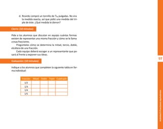 97
Actividad
9-Fracciones
equivalentes
d. Ricardo compró un tornillo de ²⁄₁₆ pulgadas. No era
la medida exacta, así que pidió una medida del tri-
ple de éste. ¿Qué medida le dieron?
Cierre: (10 minutos)
Pida a los alumnos que discutan en equipo cuántas formas
existen de representar una misma fracción y cómo se le llama
a esas fracciones.
Pregúnteles cómo se determina la mitad, tercio, doble,
etcétera de una fracción.
Cada equipo deberá escoger a un representante que pa-
sará al frente a exponer sus ideas.
Evaluación: (10 minutos)
Indique a los alumnos que completen la siguiente tabla en for-
ma individual:
Mitad Doble Triple Cuádruple
Fracción
1/2
1/3
1/4
1/5
O
b
r
a
p
r
o
t
e
g
i
d
a
p
o
r
s
e
p
-
i
n
d
a
u
t
o
r
R
e
g
i
s
t
r
o
P
ú
b
l
i
c
o
0
3
-
2
0
1
2
-
0
3
0
6
1
1
0
9
1
6
0
0
-
0
1
0
3
-
2
0
1
2
-
0
3
0
6
1
1
0
6
5
9
0
0
-
0
1
L
a
P
i
r
a
t
e
r
í
a
e
s
u
n
d
e
l
i
t
o
"
 
