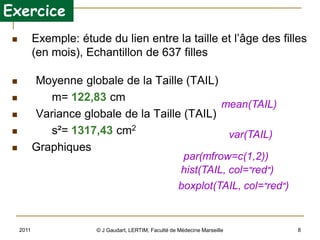 2011 
© J Gaudart, LERTIM, Faculté de Médecine Marseille 
8 
Exemple: étude du lien entre la taille et l’âge des filles (en mois), Echantillon de 637 filles 
Moyenne globale de la Taille (TAIL) 
m= 122,83cm 
Variance globale de la Taille (TAIL) 
s²= 1317,43cm2 
Graphiques 
mean(TAIL) 
var(TAIL) 
Exercice 
hist(TAIL, col="red") 
boxplot(TAIL, col="red") 
par(mfrow=c(1,2))  