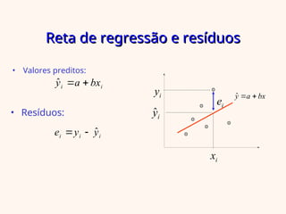 Reta de regressão e resíduos
Reta de regressão e resíduos
• Valores preditos:
• Resíduos:
i
i bx
a
y 

ˆ
i
i
i y
y
e ˆ


yi
xi
ei
i
ŷ
bx
a
y 

ˆ
 