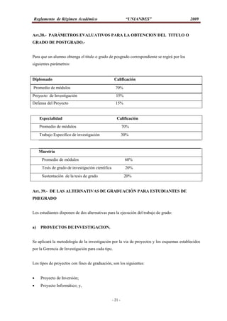 Reglamento de Régimen Académico “UNIANDES” 2009
- 21 -
Art.38.- PARÁMETROS EVALUATIVOS PARA LA OBTENCION DEL TITULO O
GRADO DE POSTGRADO.-
Para que un alumno obtenga el título o grado de posgrado correspondiente se regirá por los
siguientes parámetros:
Diplomado Calificación
Promedio de módulos 70%
Proyecto de Investigación 15%
Defensa del Proyecto 15%
Especialidad Calificación
Promedio de módulos 70%
Trabajo Específico de investigación 30%
Maestría
Promedio de módulos 60%
Tesis de grado de investigación científica 20%
Sustentación de la tesis de grado 20%
Art. 39.- DE LAS ALTERNATIVAS DE GRADUACIÓN PARA ESTUDIANTES DE
PREGRADO
Los estudiantes disponen de dos alternativas para la ejecución del trabajo de grado:
a) PROYECTOS DE INVESTIGACION.
Se aplicará la metodología de la investigación por la vía de proyectos y los esquemas establecidos
por la Gerencia de Investigación para cada tipo.
Los tipos de proyectos con fines de graduación, son los siguientes:
 Proyecto de Inversión;
 Proyecto Informático; y,
 