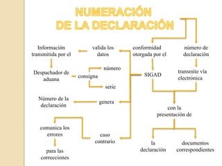 conformidad
otorgada por el
SIGAD
número de
declaración
transmite vía
electrónica
con la
presentación de
la
declaración
documentos
correspondientes
valida los
datos
Información
transmitida por el
genera
Número de la
declaración
caso
contrario
comunica los
errores
para las
correcciones
Despachador de
aduana
consigna
número
serie
 