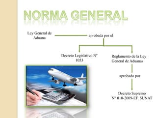 Decreto Supremo
N° 010-2009-EF. SUNAT
Ley General de
Aduana
aprobada por el
Decreto Legislativo Nº
1053
Reglamento de la Ley
General de Aduanas
aprobado por
 