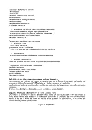 Metálicos o de hormigón armado:
– Encofrados.
– Armaduras.
– Paneles prefabricados armados.
Revestimientos:
– Para muros de hormigón armado.
– Embaldosados.
– Revestimientos metálicos.
– Tabiques metálicos.

   • Elementos del entorno de la construcción de edificios:
Conducciones metálicas de gas, agua y calefacción.
Los aparatos no eléctricos (hornos, depósitos, radiadores...):
– Carpintería metálica en zonas húmedas.
– Papeles metalizados.

Elementos no considerados como masas:
   • Canalizaciones:
Conductos no metálicos.
Molduras de madera o aislantes.
Conductores y cables que no llevan revestimientos metálicos.

   • Aparamenta:
Las envolturas aislantes exteriores de materiales eléctricos.

   • Equipos de utilización:
Todos los aparatos de Clase II que no poseen envolturas exteriores.

Componentes no considerados conductores:
Parquets de madera.
Revestimientos de caucho o linóleo.
Paredes enyesadas “secas”.
Muros de ladrillo.
Tapices y moquetas.

Definición de los diferentes esquemas de régimen de neutro
Los esquemas de régimen de neutro se caracterizan por la forma de conexión del neutro del
secundario del transformador (MT/BT) a la tierra y de las masas de la instalación.
La elección del sistema condiciona las medidas de protección de las personas contra los contactos
indirectos.
Diversos tipos de régimen de neutro pueden coincidir en una instalación.

Esquema TT (neutro a tierra) Neutro a Tierra. Masas a Tierra
Un punto de la alimentación se une directamente a tierra. En los circuitos con neutro se conecta el
punto de la estrella. Las masas de la instalación son unidas a una toma de tierra eléctricamente
distinta o no de la toma de tierra del neutro. Ellas pueden ser confundidas, y de hecho sin
consecuencias para las protecciones.

                                        Figura 2: esquema TT.
 