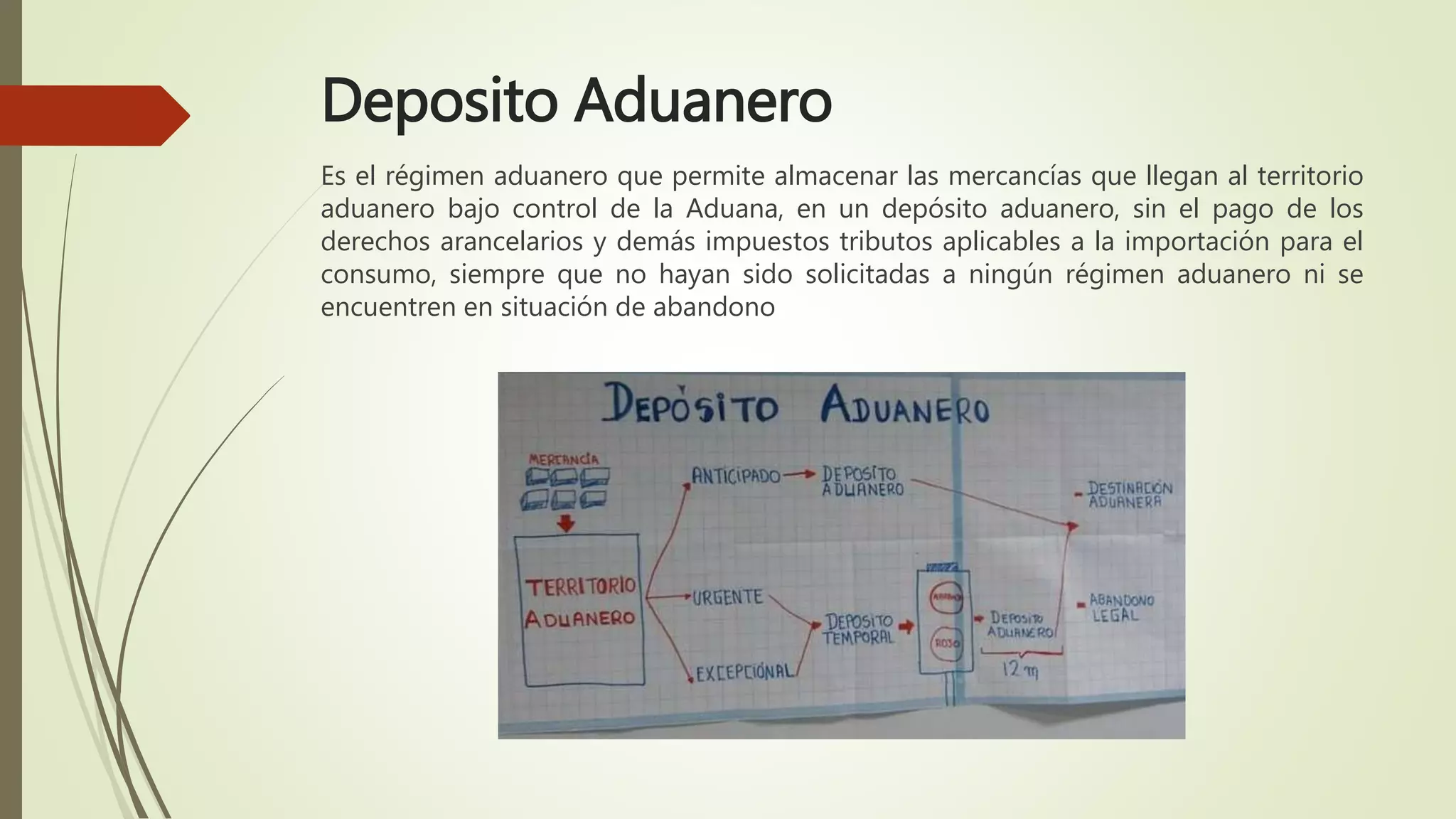 Deposito Aduanero
Es el régimen aduanero que permite almacenar las mercancías que llegan al territorio
aduanero bajo control de la Aduana, en un depósito aduanero, sin el pago de los
derechos arancelarios y demás impuestos tributos aplicables a la importación para el
consumo, siempre que no hayan sido solicitadas a ningún régimen aduanero ni se
encuentren en situación de abandono