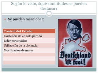 Según lo visto, ¿qué similitudes se pueden
                      destacar?

 Se pueden mencionar:


Control del Estado
Existencia de un solo partido
Líder carismático
Utilización de la violencia
Movilización de masas
 