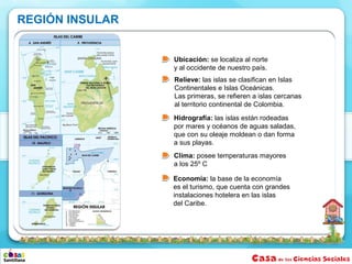 REGIÓN INSULAR


                 Ubicación: se localiza al norte
                 y al occidente de nuestro país.
                 Relieve: las islas se clasifican en Islas
                 Continentales e Islas Oceánicas.
                 Las primeras, se refieren a islas cercanas
                 al territorio continental de Colombia.
                 Hidrografía: las islas están rodeadas
                 por mares y océanos de aguas saladas,
                 que con su oleaje moldean o dan forma
                 a sus playas.
                 Clima: posee temperaturas mayores
                 a los 25º C

                 Economía: la base de la economía
                 es el turismo, que cuenta con grandes
                 instalaciones hotelera en las islas
                 del Caribe.
 
