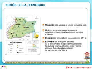 REGIÓN DE LA ORINOQUIA




                         Ubicación: está ubicada al oriente de nuestro país.

                         Relieve: se caracteriza por la presencia
                         del piedemonte andino y las extensas planicies
                         o llanuras.
                         Clima: posee temperaturas superiores a los 24 ° C.

                         Economía: los principales sectores
                         de la economía de la región son la ganadería;
                         los cultivos de arroz, algodón, sorgo y palma
                         africana. Se destaca la explotación
                         de yacimientos petrolíferos.
 
