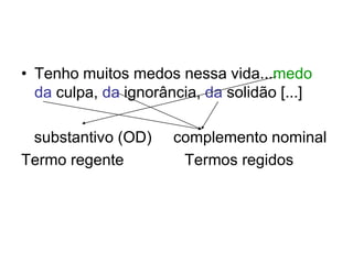 • Tenho muitos medos nessa vida...medo
  da culpa, da ignorância, da solidão [...]

 substantivo (OD)     complemento nominal
Termo regente          Termos regidos
 