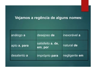 Vejamos a regência de alguns nomes:
análogo a desejoso de inexorável a
apto a, para
satisfeito a, de,
em, por
natural de
desatento a impróprio para negligente em
 