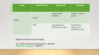 Verbo Classificação Significado Exemplo
Preferir
VTDI
querer antes,
escolher
Prefiro o amor à
guerra.
VTD dar primazia a,
determinar-se por
Preferimos a
alegria, não
aceitamos a dor.
Segundo a Norma Culta da língua:
Ex.: Prefiro mais ler do que escrever : (Errado!)
Prefiro ler a escrever. (CERTO)
 