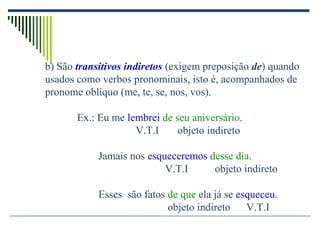 b) São transitivos indiretos (exigem preposição de) quando
usados como verbos pronominais, isto é, acompanhados de
pronome oblíquo (me, te, se, nos, vos).
Ex.: Eu me lembrei de seu aniversário.
V.T.I objeto indireto
Jamais nos esqueceremos desse dia.
V.T.I objeto indireto
Esses são fatos de que ela já se esqueceu.
objeto indireto V.T.I
 