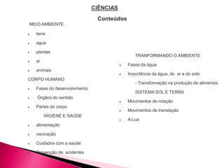 MEIO AMBIENTE
 terra
 agua
 plantas
 ar
 animais
CORPO HUMANO
 Fases do desenvolvimento
 Órgãos do sentido
 Partes do corpo
HIGIENE E SAÚDE
 alimentação
 vacinação
 Cuidados com a saúde
 Prevenção de acidentes
TRANFORMANDO O AMBIENTE
 Fases da água
 Importância da água, do ar e do solo
- Transformação na produção de alimentos
SISTEMA SOL E TERRA
 Movimentos de rotação
 Movimentos de translação
 A Lua
CIÊNCIAS
Conteúdos
 