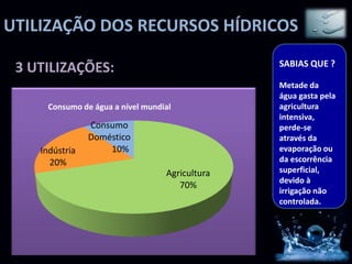 UTILIZAÇÃO DOS RECURSOS HÍDRICOS
                                                SABIAS QUE ?
 3 UTILIZAÇÕES:
                                                Metade da
                                                água gasta pela
     Consumo de água a nível mundial            agricultura
                                                intensiva,
                Consumo                         perde-se
                Doméstico                       através da
    Indústria       10%                         evaporação ou
      20%                                       da escorrência
                                  Agricultura   superficial,
                                                devido à
                                     70%
                                                irrigação não
                                                controlada.
 