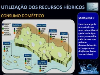 UTILIZAÇÃO DOS RECURSOS HÍDRICOS
CONSUMO DOMÉSTICO            SABIAS QUE ?

                             Uma descarga de
                             um autoclismo
                             num país ocidental
                             gasta tanta água
                             como, em média,
                             cada pessoa num
                             país em
                             desenvolvimento
                             ao longo de um
                             dia (beber, lavar-
                             se e cozinhar).
 