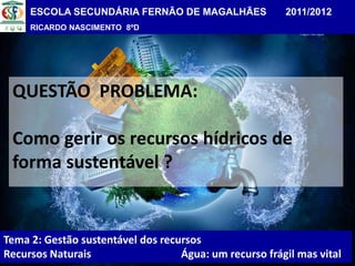 ESCOLA SECUNDÁRIA FERNÃO DE MAGALHÃES              2011/2012
     RICARDO NASCIMENTO 8ºD




 QUESTÃO PROBLEMA:

 Como gerir os recursos hídricos de
 forma sustentável ?


Tema 2: Gestão sustentável dos recursos
Recursos Naturais                  Água: um recurso frágil mas vital
 