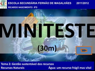 ESCOLA SECUNDÁRIA FERNÃO DE MAGALHÃES              2011/2012
     RICARDO NASCIMENTO 8ºD




MINITESTE
                              (30m)
Tema 2: Gestão sustentável dos recursos
Recursos Naturais                  Água: um recurso frágil mas vital
 