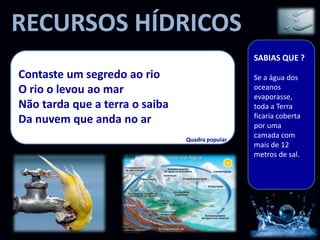 RECURSOS HÍDRICOS
                                                 SABIAS QUE ?
Contaste um segredo ao rio                       Se a água dos
O rio o levou ao mar                             oceanos
                                                 evaporasse,
Não tarda que a terra o saiba                    toda a Terra
                                                 ficaria coberta
Da nuvem que anda no ar                          por uma
                                Quadra popular
                                                 camada com
                                                 mais de 12
                                                 metros de sal.
 