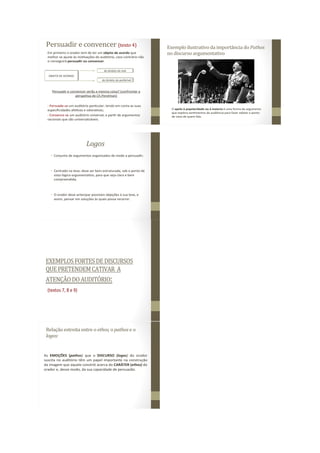 Persuadir e convencer (texto 4)
Em primeiro o orador tem de ter um objeto de acordo que
melhor se ajuste às mo vações do auditório, caso contrário não
o conseguirá persuadir ou convencer.
Persuadir e convencer serão a mesma coisa? (confrontar a
perspe va de Ch.Perelman)
- Persuade-se um auditório par cular, tendo em conta as suas
especificidades afe vas e valora vas;
- Convence-se um auditório universal, a par r de argumentos
racionais que são universalizáveis.
OBJETO DE ACORDO
do âmbito do real
do âmbito do preferível
EXEMPLOSFORTESDEDISCURSOS
QUEPRETENDEMCATIVAR A
ATENÇÃODOAUDITÓRIO:
(textos 7, 8 e 9)
Relação estreita entre o ethos, o pathos e o
logos:
As EMOÇÕES (pathos) que o DISCURSO (logos) do orador
suscita no auditório têm um papel importante na construção
da imagem que aquele constrói acerca do CARÁTER (ethos) do
orador e, desse modo, da sua capacidade de persuasão.
 