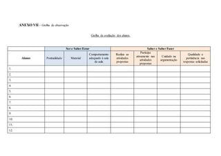 ANEXO VII – Grelha de observação
Grelha de avaliação dos alunos.
Ser e Saber Estar Saber e Saber Fazer
Alunos Pontualidade Material
Comportamento
adequado à sala
de aula
Realiza as
atividades
propostas
Participa
ativamente nas
atividades
propostas
Cuidado na
argumentação
Qualidade e
pertinência nas
respostas solicitadas
1.
2.
3.
4.
5.
6.
7.
8.
9.
10.
11.
12.
 