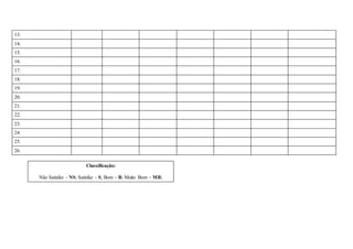 13.
14.
15.
16.
17.
18.
19.
20.
21.
22.
23.
24.
25.
26.
Classificação:
Não Satisfaz - NS; Satisfaz - S; Bom – B; Muito Bom – MB;
 