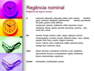 Regência nominal
Regência de alguns nomes:
A acessível, adequado, adequado, alheio, apto, avesso, benéfico,
cego, conforme, desatento, desfavorável, desleal, equivalente,
fiel, grato, guerra, hostil, idêntico,
inacessível, inerente, indiferente, infiel, insensível, nocivo,
obediente, odioso, oposto, peculiar, pernicioso, próximo (de),
surdo (de), visível.
De amante. Amigo, ansioso, ávido, capaz, cobiçoso, comum,
contemporâneo, curiosos, devoto, diferente, digno, duro, dotado,
estreito, fértil, fraco, incerto, indigno, inocente,
menor, natural, nobre, orgulhosos, pálido, passível, pobre,
pródigo (em), temeroso, vazio.
Com afável, amoroso, compatível, conforme, cruel, cuidadoso,
descontente, furiosos, inconseqüente, ingrato, intolerante,
liberal, misericordioso, orgulhoso...
Contra desrespeito, manifestação, queixa.
 