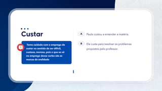 23
Paulo custou a entender a matéria.
A
Tome cuidado com o emprego de
custar no sentido de ser difícil,
custoso, moroso, pois o que se vê
no emprego desse verbo são as
marcas da oralidade
Ele custa para resolver os problemas
propostos pelo professor.
B
 