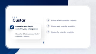 24
Custou a Paulo entender a matéria
A
Custou a ele entender a matéria
B
Custou-lhe entender a matéria.
C
Para evitar esse desvio
normativo, siga estes passos:
O que foi difícil, custoso a Paulo?
Entender a matéria.
 