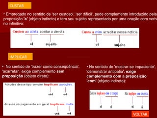 Empregado no sentido de 'ser custoso', 'ser difícil', pede complemento introduzido pela preposição  'a'  (objeto indireto) e tem seu sujeito representado por uma oração com verbo no infinitivo:  No sentido de 'trazer como conseqüência', 'acarretar', exige complemento  sem preposição  (objeto direto):  No sentido de 'mostrar-se impaciente', 'demonstrar antipatia',  exige complemento com a preposição 'com'  (objeto indireto):  VOLTAR CUSTAR IMPLICAR 
