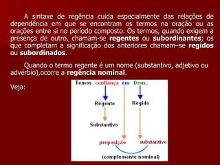 A sintaxe de regência cuida especialmente das relações de dependência em que se encontram os termos na oração ou as orações entre si no período composto. Os termos, quando exigem a presença de outro, chamam-se  regentes  ou  subordinantes ; os que completam a significação dos anteriores chamam–se  regidos  ou  subordinados .  Quando o termo regente é um nome (substantivo, adjetivo ou advérbio),ocorre a  regência nominal . Veja: 